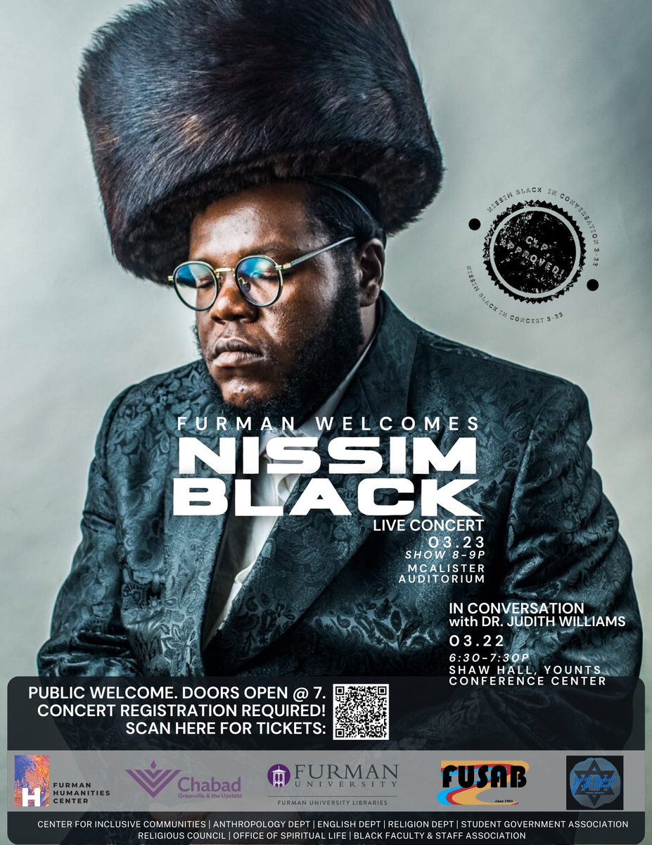 Join us on March 23 from 8-9pm to hear Nissim Black live in concert! Registration required. We hope to see you there!

#globalhumanities #funews #furmanuniversity #nissimblack #concert #liveconcert #humanities