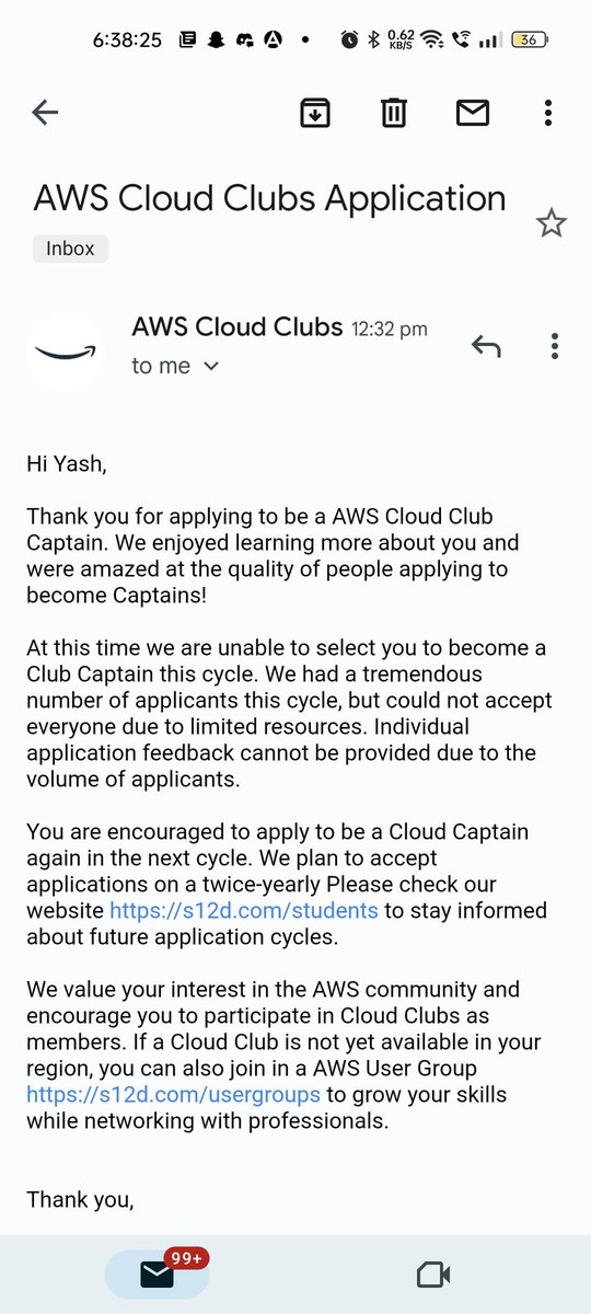 yashltwts's tweet image. Another rejection 🥲
I&apos;ll try next cycle 🤞
#aws #awscloudclubs #AWSCLOUDCONNECT