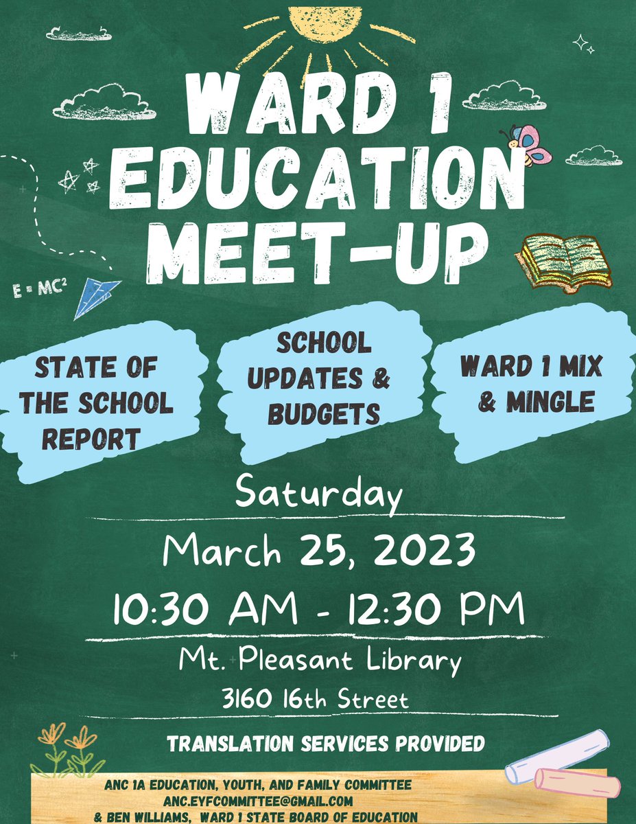MillerANC1A05's tweet photo. Ward 1 Education Meet-Up THIS Saturday (3/25),10:30 - 12:30 PM @Mt. Pleasant Library! 

Let's talk, folks! 
🏫State of DC Schools Report @dcpolicycenter @cfcoffin 
💰@MayorBowser's FY24 Budget 
💪Connect with other parents/caregivers/people who want better for our kiddos! https://t.co/4Ykk7K2zug