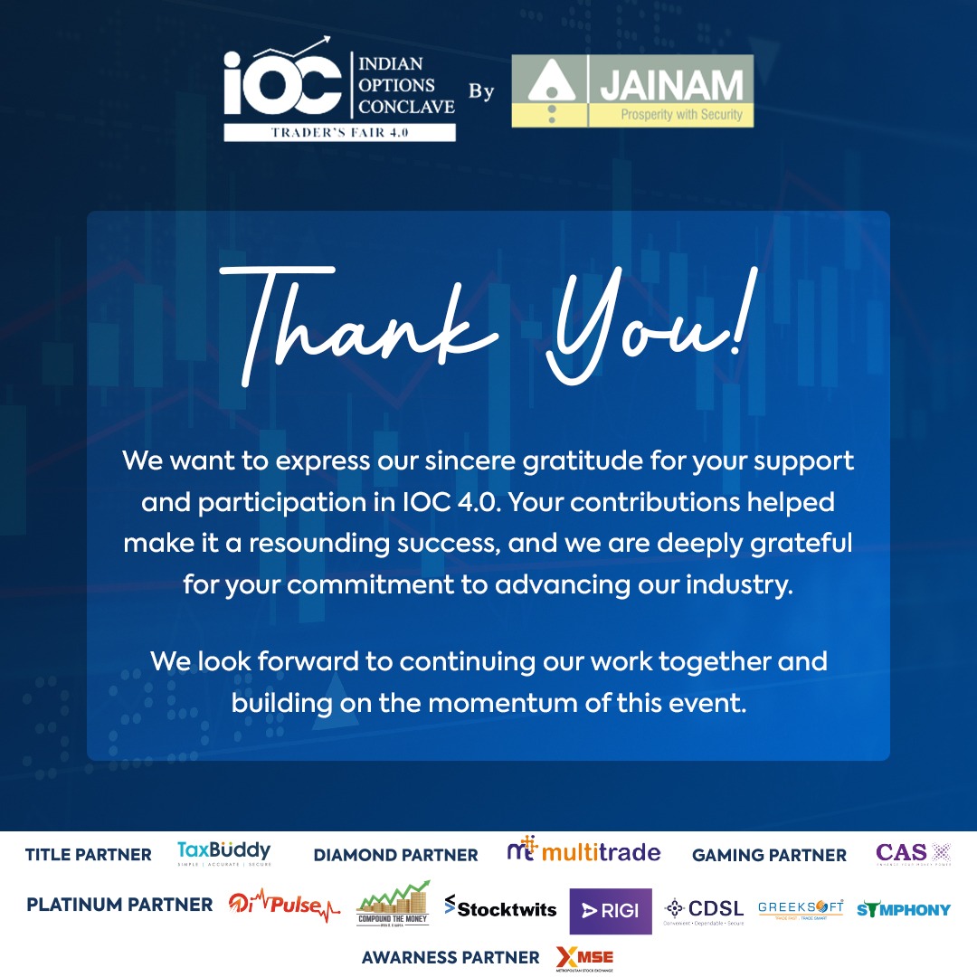 jainambroking's tweet photo. We'd like to express our gratitude to our sponsors, speakers, and attendees for their assistance and participation in IOC 4.0. Your contributions were critical to its success, for which we are grateful. #optionsfuturehai #JainamBroking https://t.co/UzoYL2JVmK