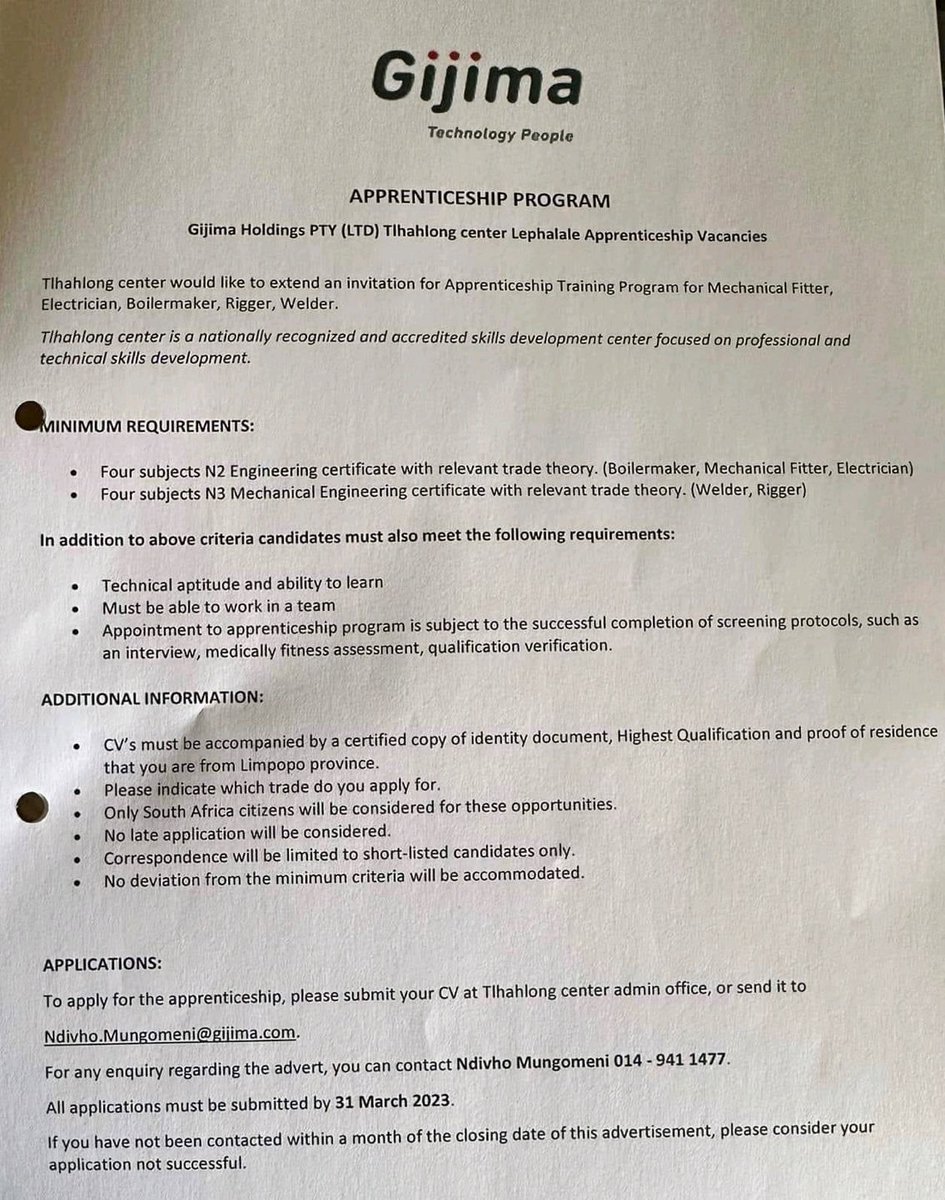 NYDARSA's tweet photo. Gijima Apprenticeship Programme.

How to apply:
Send your CV to Ndivho.Mungomeni@gijima.com

Closing date: 31 March 2023

#JobSeekersSA #Jobs #SouthAfrica https://t.co/FcLEdIhJx1