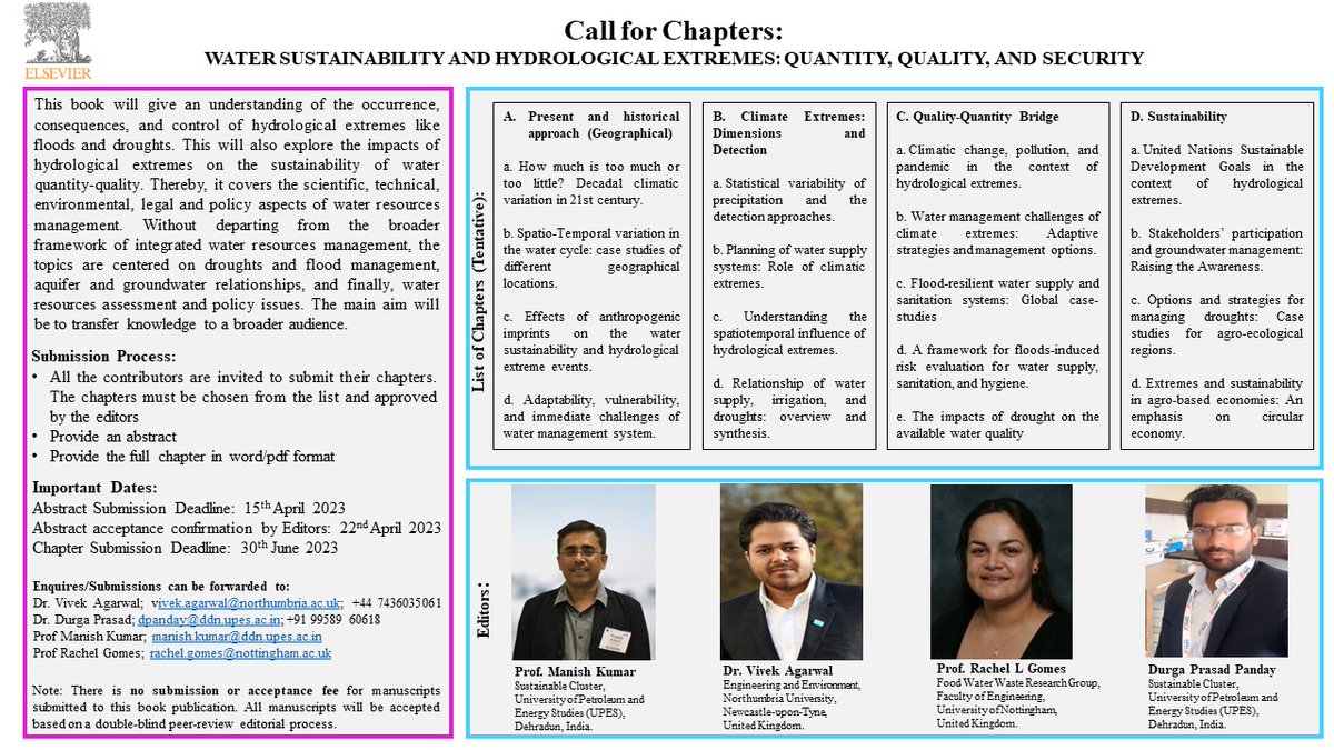 #Call_for_book_chapter
#Elsevier #Sustainability #floods #droughts
<a href="/manishkenv/">Manish Kumar</a> <a href="/ruegomes/">Rachel Louise Gomes MBE</a> #Durgaprasad
If interested, kindly send your abstracts (See attached flyer).