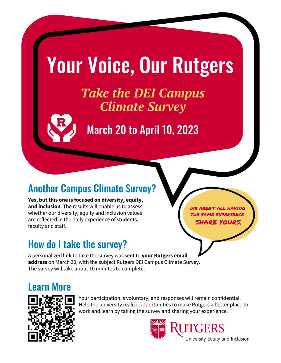 Starting today, you will be able to take the first-ever DEI Campus Climate Survey! Use your voice to help make @rutgersu a better place to learn and work. 

📩 Your Rutgers email will contain a link to access the survey by the end of the day.