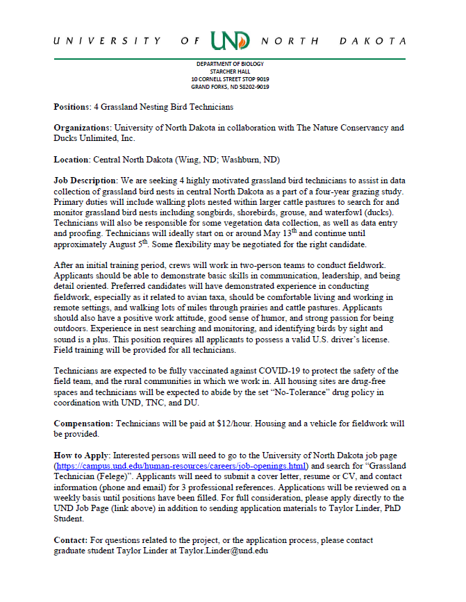 Taylor Linder (@tjlinder) on Twitter photo We've got openings! We are still looking to add a few fun and outgoing individuals to join our summer research team. Applicants should have, at minimum, a good work ethic, a positive attitude, and a passion for conservation. Training provided for the right candidates. <a href="/FelegeLab/">Susan Felege</a> We've got openings! We are still looking to add a few fun and outgoing individuals to join our summer research team. Applicants should have, at minimum, a good work ethic, a positive attitude, and a passion for conservation. Training provided for the right candidates. <a href="/FelegeLab/">Susan Felege</a>