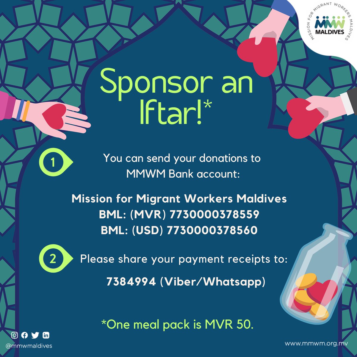 Let's spread the joy &amp; blessings of Ramadan by helping those in need! 

Last year, through your generous contributions &amp; the support from our partners <a href="/OoredooMaldives/">Ooredoo Maldives</a> <a href="/Dhiraagu/">Dhiraagu</a> <a href="/space_mv/">The Space.mv</a> <a href="/ChinaGardenMv/">China Garden</a> &amp; <a href="/MvMamak/">mamak</a> we distributed 10, 060 iftar meal packs to migrant workers!