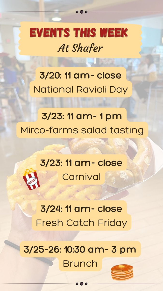 VCU_Dining's tweet photo. Events at Shafer this week include Carnival๐ฟ on Thursday and Fresh Catch Friday ๐ฆon 3/24!
#VCU #VCUDining #VCURams #VirginiaCommonwealthUniversity #VCURamily #VCUEats https://t.co/A9RPqe0oYZ
