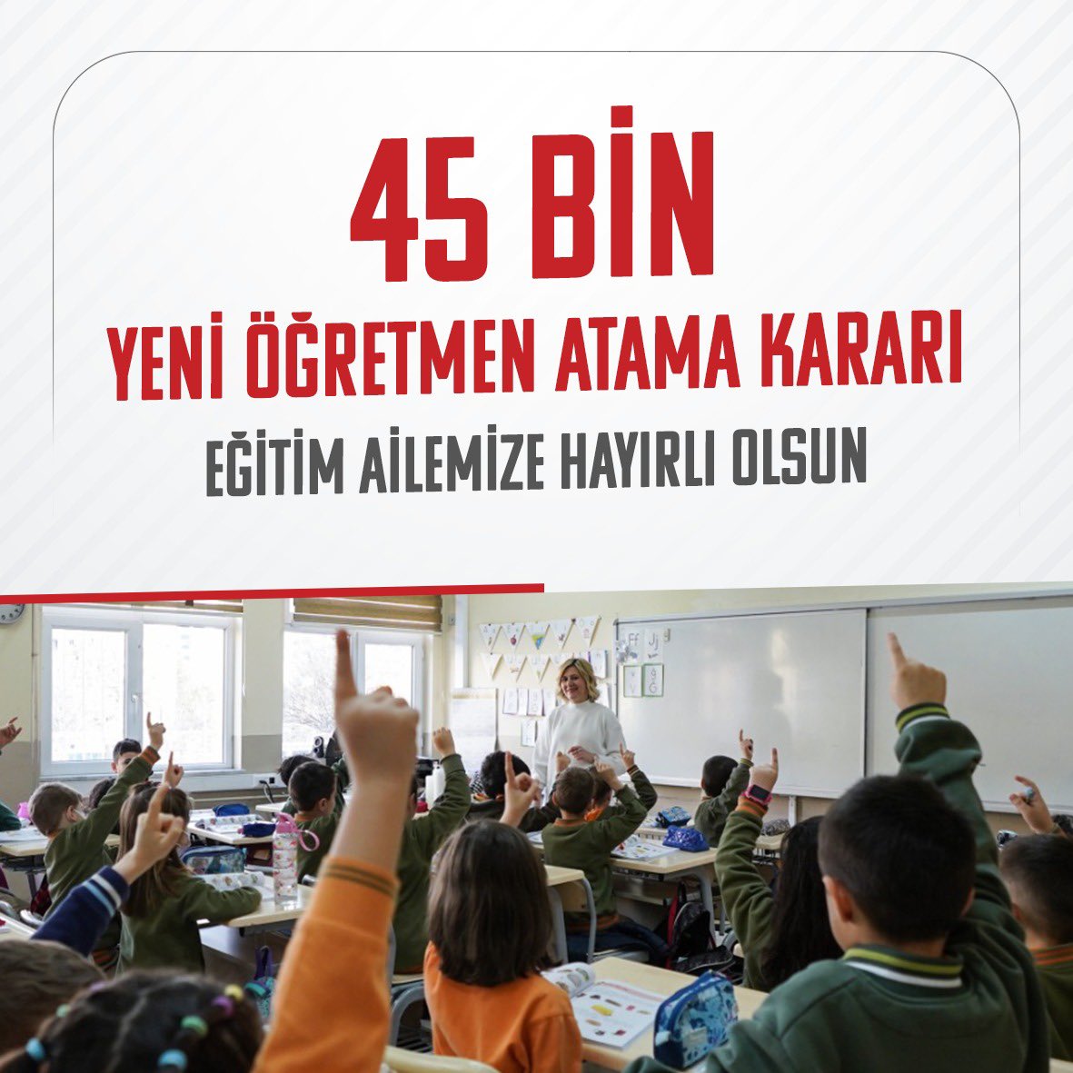 45 bin yeni öğretmen atama kararı ülkemize, milletimize ve eğitim camiamıza hayırlı olsun. Atama takvimi ve branş dağılımını en kısa sürede açıklayacağız.

Eğitim ailemizin her zaman yanında olan Sayın Cumhurbaşkanımız <a href="/RTErdogan/">Recep Tayyip Erdoğan</a>’a şükranlarımı sunuyorum.