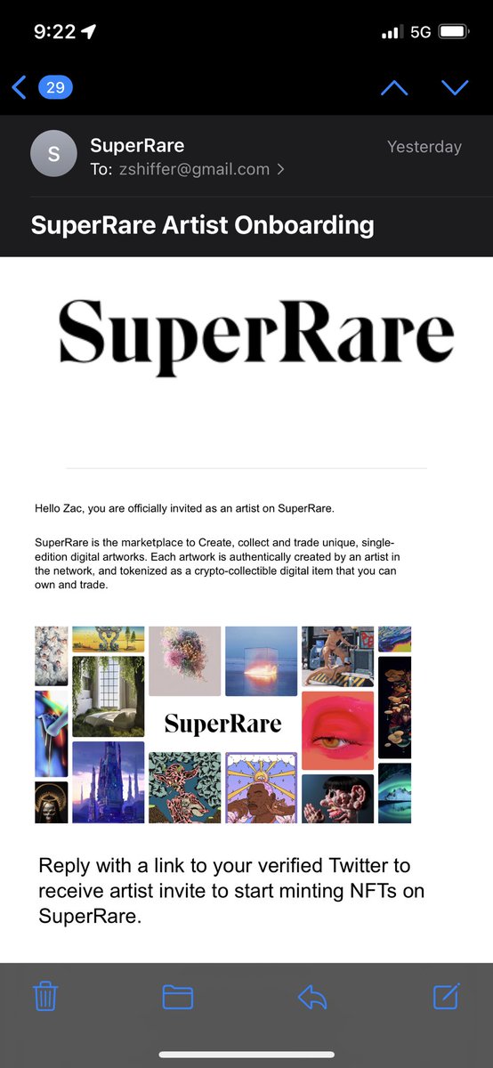 Here I thought I finally got a response from <a href="/SuperRare/">SuperRare</a> on my application sent in a year ago. Turns out to be a scammer sending email from a superare.space email address, and the domain is set up to forward to the legit site.  They must’ve got the application list.