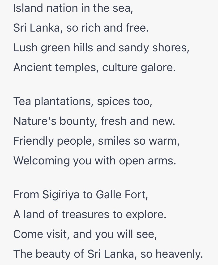 ThilankaH's tweet photo. Guess who wrote this original poem about #SriLanka ?
It was @OpenAI Chat GPT. 
My ask was to write a poem about Sri Lanka and here I got this! the future is never going to be the same. https://t.co/1vO89DlsgH