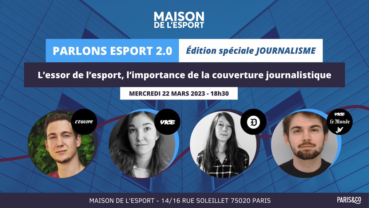 Maison de l'Esport (@maisonesport) on Twitter photo Plus que 2⃣ jours pour vous inscrire à notre évènement #ParlonsEsport sur la thématique du journalisme esportif & son essor dans les médias !
En compagnie de <a href="/CParbaud/">Corentin Parbaud</a> (<a href="/lequipe/">L'ÉQUIPE</a>), <a href="/ClemenceDuneau/">Clémence Duneau</a> (<a href="/VICEfr/">VICE France</a>), <a href="/salty_swan/">SaltySwan</a> (<a href="/DotEsports/">Dot Esports</a>) & <a href="/AurelienDefer/">Aurélien Defer</a>
🎟️ bit.ly/PE_Journalisme… Plus que 2⃣ jours pour vous inscrire à notre évènement #ParlonsEsport sur la thématique du journalisme esportif & son essor dans les médias !
En compagnie de <a href="/CParbaud/">Corentin Parbaud</a> (<a href="/lequipe/">L'ÉQUIPE</a>), <a href="/ClemenceDuneau/">Clémence Duneau</a> (<a href="/VICEfr/">VICE France</a>), <a href="/salty_swan/">SaltySwan</a> (<a href="/DotEsports/">Dot Esports</a>) & <a href="/AurelienDefer/">Aurélien Defer</a>
🎟️ bit.ly/PE_Journalisme…