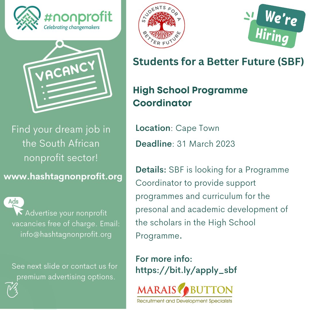 #VACANCY ALERT

Students for a Better Future is HIRING a High School Programme Coordinator.

Location: Cape Town
Deadline: 31 March

hashtagnonprofit.org/vacancies/sbf #JobSeekersSA #NGOs #Careers #jobhunt