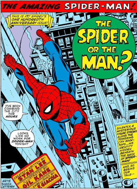 MarvelADay's tweet photo. #MarvelADay #ASM100 It's Spider-Man's 100th issue! He's swinging about looking for some action with a nice city-scape below him. - VA https://t.co/W5fXHp7IOe