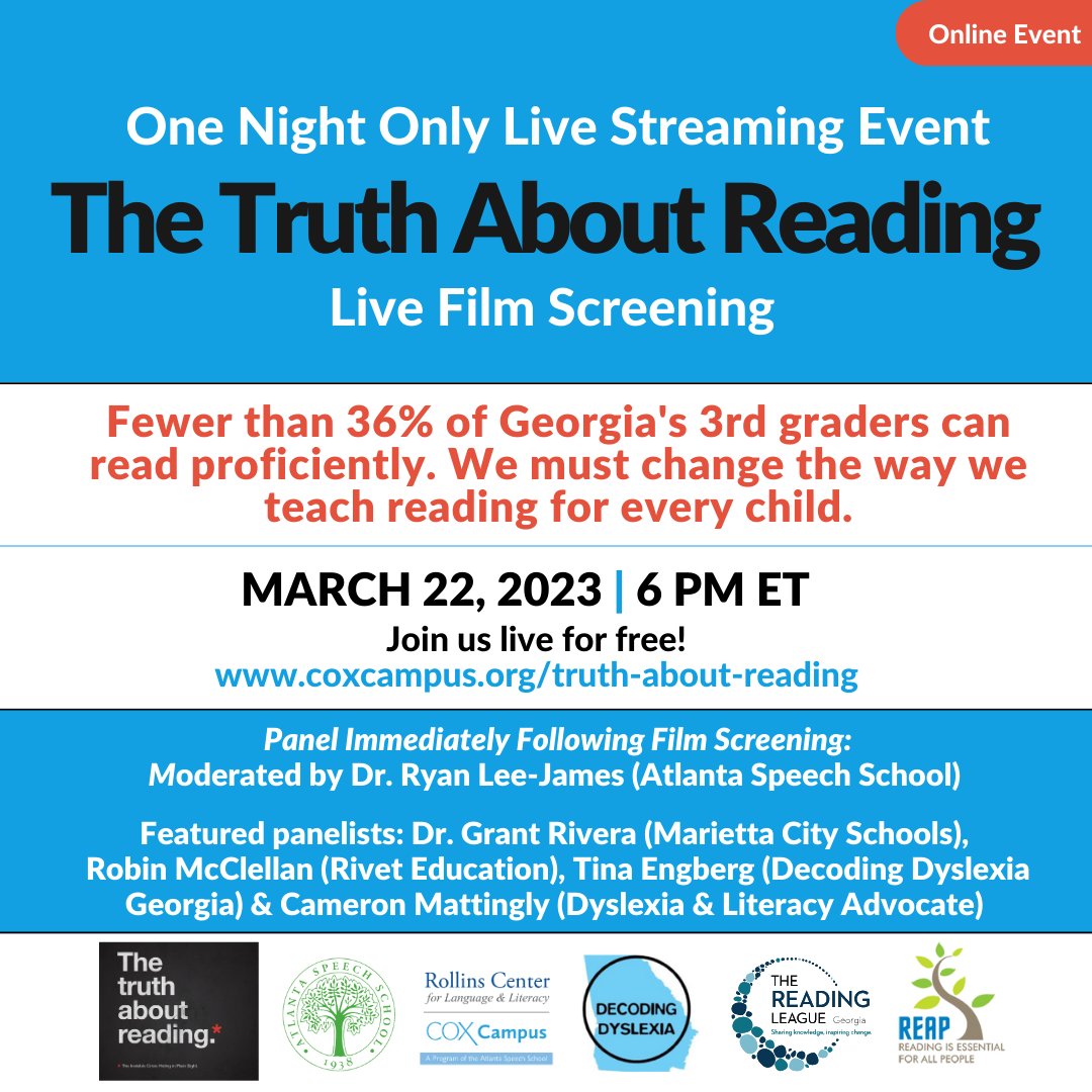 Join us virtually Wednesday evening for this one time, Georgia only event! Please go to learn.coxcampus.org/truth-about-re… to register. #everychildeverycounty #literacymatters #teachmetoread @IDRAedu @StephenJOwens_ @gabudget @georgiaPTA @Saportareport @georgiayouthco @cindybattles