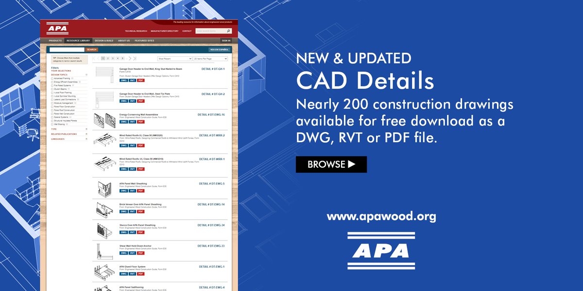 APAwood's tweet image. Nearly 200 new and updated computer-aided design (CAD) details for wood-frame construction are now available for download from our online Resource Library. Browse > apawood.ly/4Aml50NlGLu 
#ComputerAidedDesign #Construction