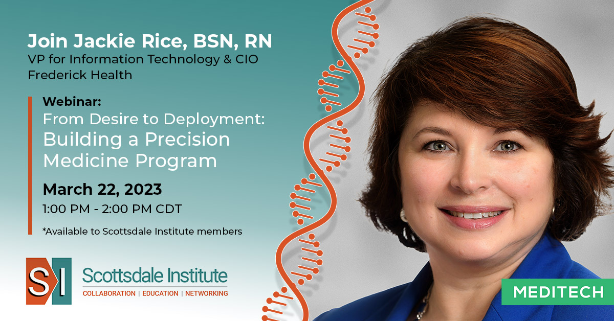 Jackie Rice highlights how @FrederickHealth developed an advanced #Genomic medicine program to establish truly personalized, #PrecisionMedicine. hubs.ly/Q01HtZhx0 Not a Scottsdale Institute member? See Jackie’s presentation at #HIMSS23 on April 20th at 10:00 AM.