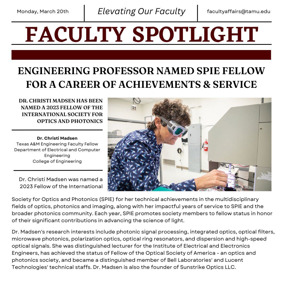 TAMUFaculty's tweet photo. Congratulations [and Gig 'Em] to Dr. Christi Madsen on being named a 2023 Fellow of the International Society for Optics and Photonics!

Learn More: https://t.co/0A1qpJKxA6

#FacultySpotlight #FacultyExcellence #AwardsAndRecognition #ScienceOfLight #TexasAM #TAMU #TAMUFaculty https://t.co/F5J0MF6Il4