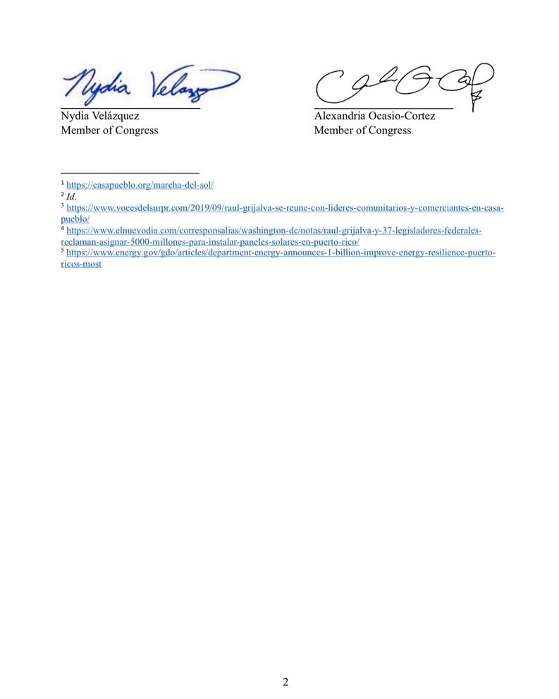 casapuebloorg's tweet photo. Carta de los congresistas @RepRaulGrijalva @NydiaVelazquez y @AOC felicitando a la gestión comunitaria que impulsa un modelo energético propio con el sol como combustible primario. @honnoldfound #MarchadelSol #Adjuntas https://t.co/yMfmEGiRpr