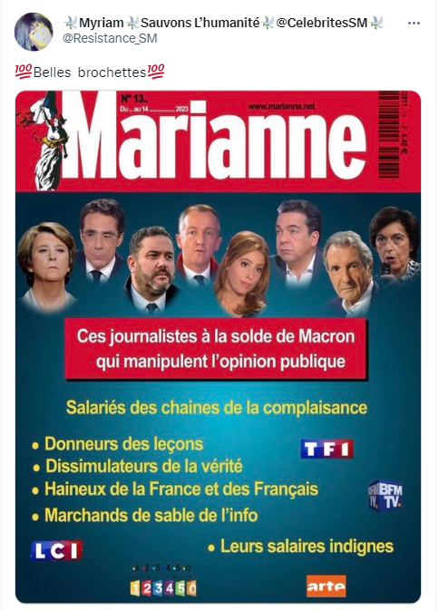 GrandSachoir's tweet photo. #MortDeLOL du jour. Mymy la Qagole Avinée nous sort un montage foireux basé sur la une de... Marianne. On lui dit ou pas que, à elle, si proche de l'extrême droite la plus raide, qu'elle fait de la pub à un journal de gauche ? PS : bordel, elle a 12k abonnés !!! #QAnons #antivax https://t.co/uKzVlpNqgg