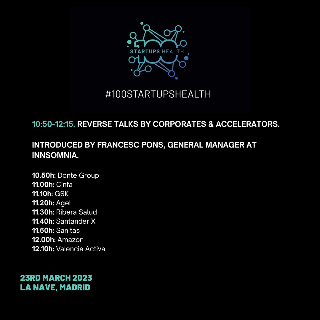 Inn_Somnia's tweet photo. ⌛️¡Cuenta atrás para @100Startups_ !
🔝El próximo jueves los principales líderes del sector farmacéutico, sanitario y bancario acudirán a @LaNaveMadrid para explorar nuevas vías de negocio eHealth junto con las 100 mejores startups del mundo.
+ info en:
https://t.co/K37rTfCwhf https://t.co/9rjfmToMMi