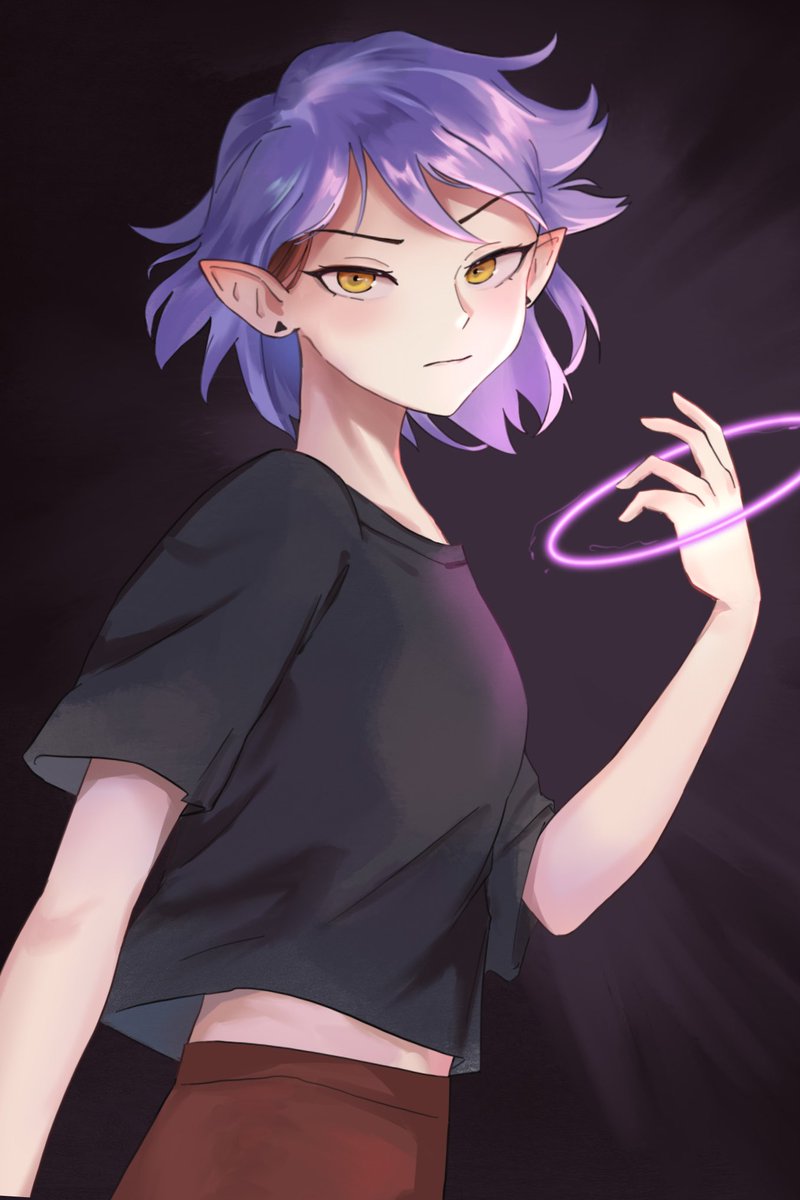 1girl pointy ears yellow eyes solo purple hair short hair magic  illustration images