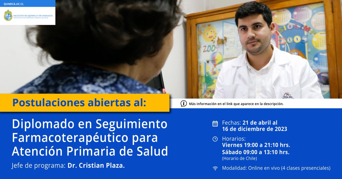 FQuimica_UC's tweet photo. Avanza en tu carrera con el Diplomado UC en Seguimiento Farmacoterapéutico para Atención Primaria de Salud, el cual está dirigido a Químicos Farmacéuticos y profesionales de la salud.

Más información sobre el programa 👉🏼 https://t.co/5Xsb0iHGzH https://t.co/I33rlFsQcy