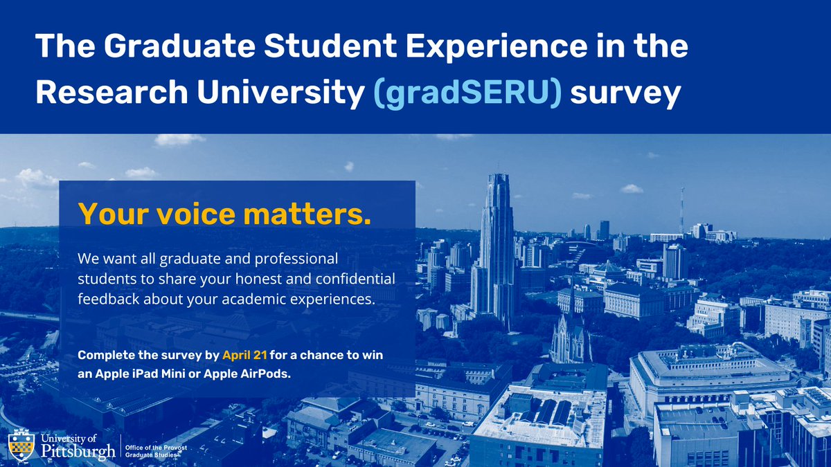 PittProvost's tweet image. The Graduate Student Experience in the Research University Survey is now open to @PittTweet graduate and professional students. 

Complete the survey by June 9 at: provost.pitt.edu/seru