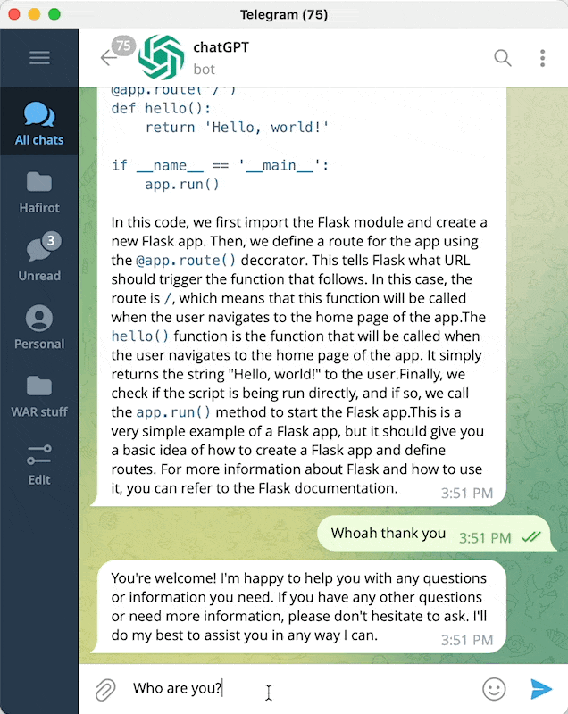 iamjosepferrer's tweet photo. 4️⃣ ChatGPT in Telegram &amp; WhatsApp

Create a #ChatGPT-powered bot for #Telegram or integrate it into WhatsApp for seamless conversation. 🤖

https://t.co/Hsw7vyN7Ve

#MessagingIntegration #ChatGPT https://t.co/VMUuLgMV5q