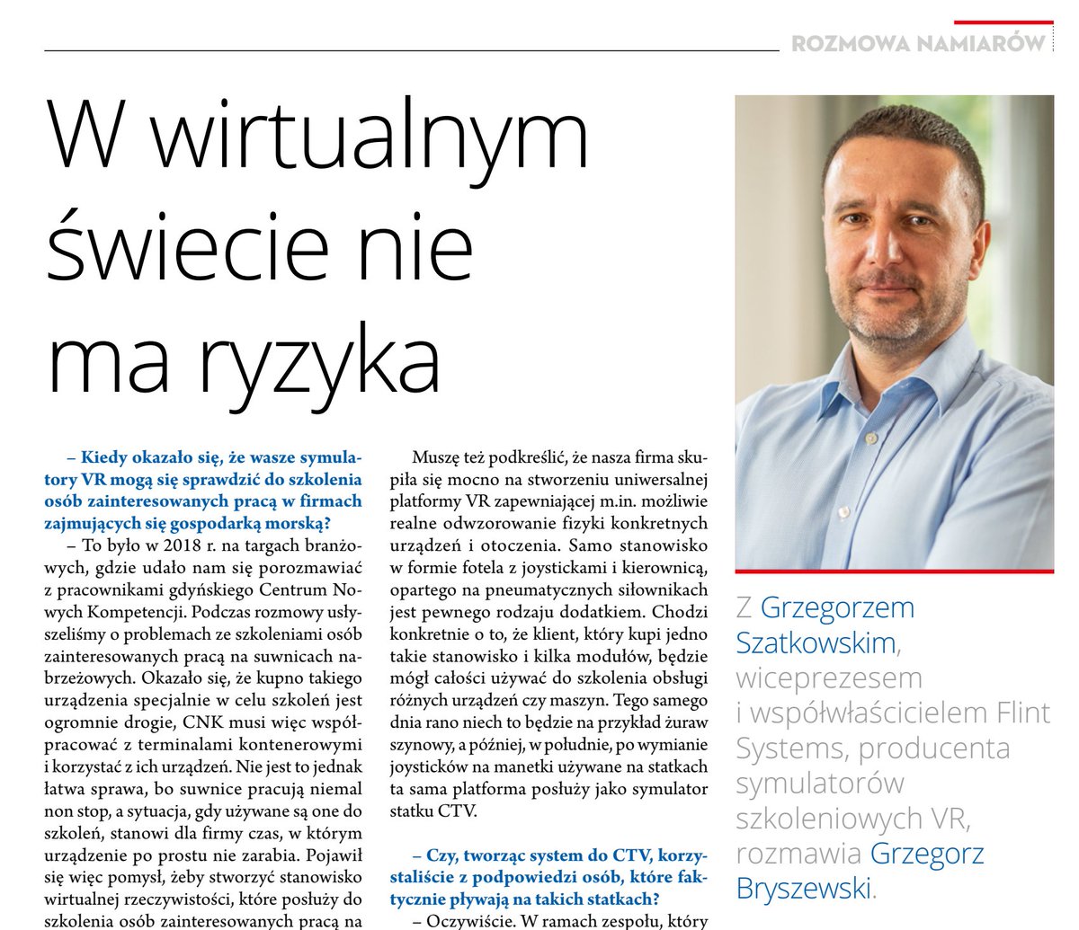 Have you already read the latest issue of 'Namiary na Morze i Handel'? We highly recommend it, as it includes an interview with Grzegorz Szatkowski, the Vice President of the Board of Flint Systems. #maritime #maritimeindustry #vr #vrtraining #maritimetraining #interview