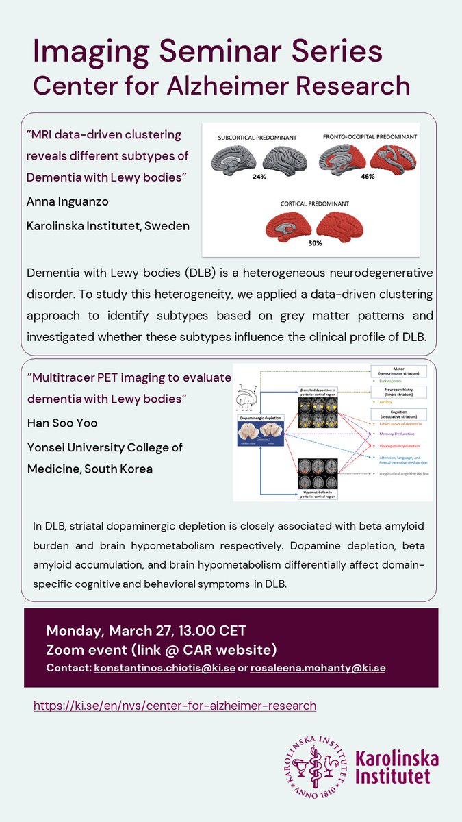 The <a href="/CAR_Karolinska/">Center for Alzheimer Research at KI</a> 🧠 imaging seminar series for March is delighted to feature <a href="/anna_inguanzo/">Anna Inguanzo</a> and Dr. Han Soo Yoo (<a href="/yonsei_u/">Yonsei University</a>) who will discuss their latest work using MRI &amp; PET imaging in Dementia with Lewy Bodies. Feel free to reach out to <a href="/inKostasMind/">Konstantinos Chiotis</a> or me for the zoom link!