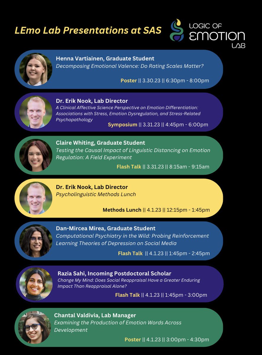 Logic of Emotion Lab (@logicemotionlab) on Twitter photo <a href="/LogicEmotionLab/">Logic of Emotion Lab</a> is pumped for <a href="/affectScience/">Society for Affective Science</a>! 🥳Learn more about our work on valence ratings, social media, and emotion differentiation, regulation, reappraisal, & development! <a href="/HennaVartiainen/">Henna Vartiainen</a> <a href="/ErikNook/">Erik Nook 🏳️🌈</a> <a href="/claire_whiting/">Claire Whiting</a> <a href="/DanMirea4/">Dan Mirea</a> <a href="/RaziaSahi/">Razia Sahi</a> <a href="/talvaldivia/">Chantal Valdivia-Moreno</a> <a href="/LogicEmotionLab/">Logic of Emotion Lab</a> is pumped for <a href="/affectScience/">Society for Affective Science</a>! 🥳Learn more about our work on valence ratings, social media, and emotion differentiation, regulation, reappraisal, & development! <a href="/HennaVartiainen/">Henna Vartiainen</a> <a href="/ErikNook/">Erik Nook 🏳️🌈</a> <a href="/claire_whiting/">Claire Whiting</a> <a href="/DanMirea4/">Dan Mirea</a> <a href="/RaziaSahi/">Razia Sahi</a> <a href="/talvaldivia/">Chantal Valdivia-Moreno</a>
