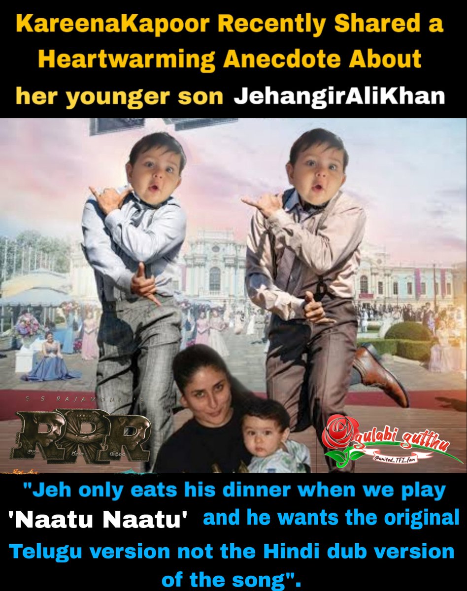 #NaatuNaatu mania all-over 

#KareenaKapoor 's younger son #JehangirAliKhan only eats his dinner when they play 'naatu naatu' telugu version song

#rrr #rrrinjapan #rrrmovie #RRRWinsOscar #RRRForOscars #NTR #RamCharan