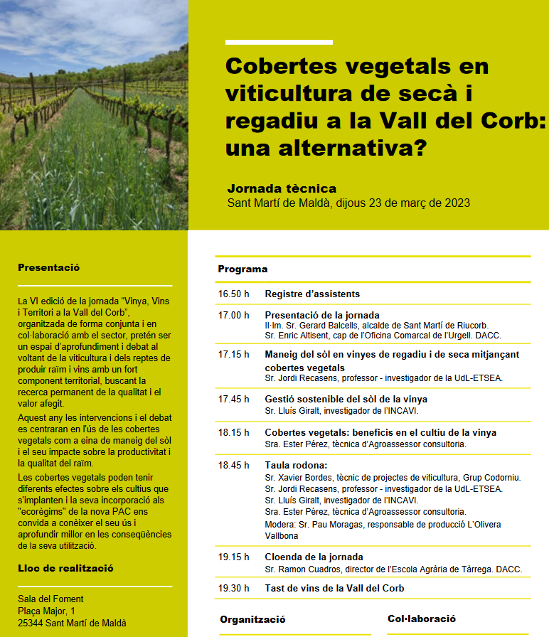 GREM_UdL's tweet photo. Dijous 23 el Jordi Recasens serà a Sant Martí de Maldà per compartir la nostra experiència amb #cobertesvegetals en vinya. Us esperem! 

Inscripcions: https://t.co/AYSTge3gum

@Agrotecnio
 @UdL_RDI https://t.co/8uDOLNMmrr