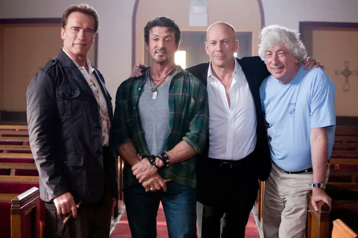 damoviebuff's tweet photo. Is this a rare BTS scene of #TheExpendables ? I have never seen this one before with our yesteryear heroes posing with the Chief of #MillenniumFilms #AviLerner . We need an #Expendables4 #EX4 trailer asap. Hope the first trailer is attached with #JohnWick4 @TheArnoldFans https://t.co/ruoqU9YHbP