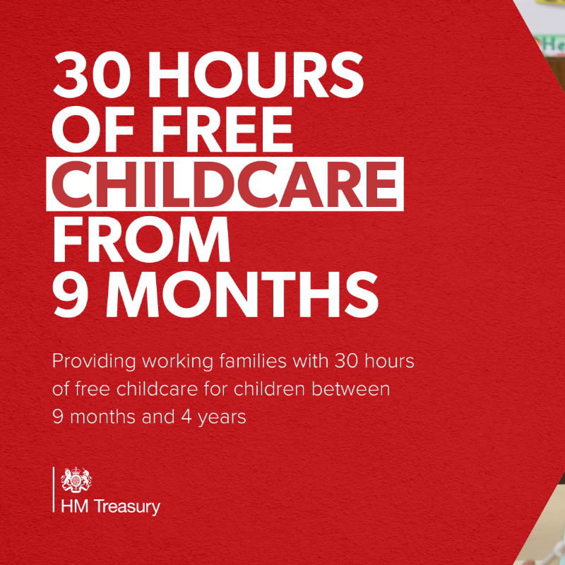 hmtreasury's tweet photo. At last week’s Spring Budget, Chancellor @Jeremy_Hunt announced a new childcare package for eligible working parents providing 30 hours of free childcare a week for children aged from 9 months to 4 years. 

 Click the graphic below to find out more ⬇️