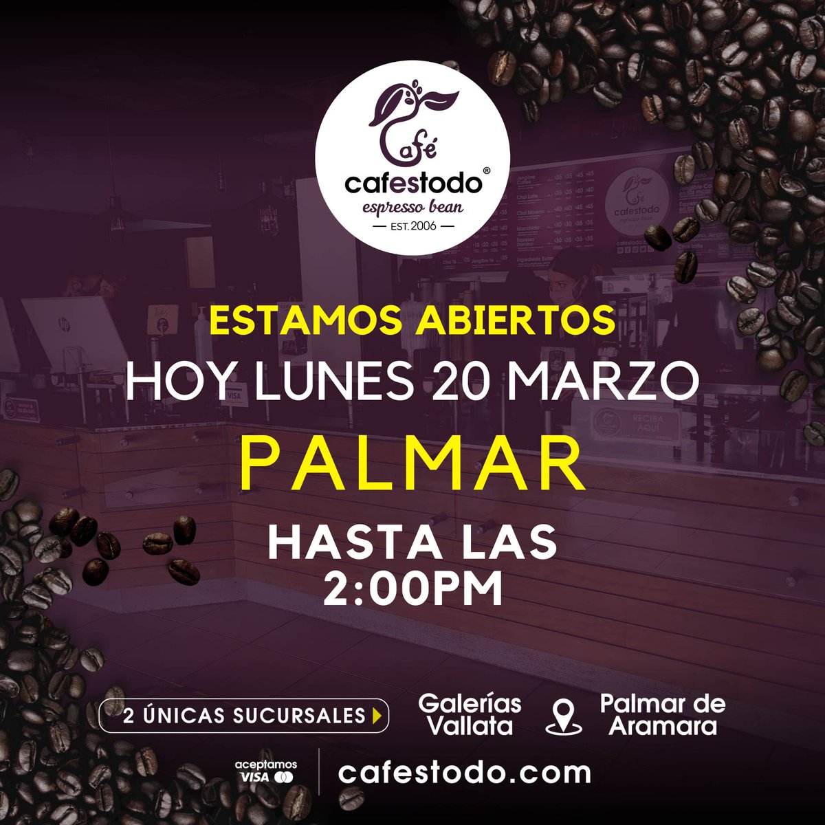 Estos serán los horarios que tendremos el día de hoy lunes 20 de marzo de 2023

🛍️ Galerías Vallarta
7:00 am - 9:00 pm
--------------------
🌴 Palmar de Aramara 
6:30 am - 2:00 pm 

El martes regresaremos con nuestro horarios habitual 

<a href="/cafestodo/">cafestodo</a> | Consiga un buen café!