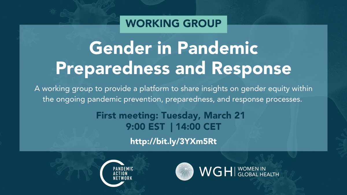 Women In Global Health (@womeningh) on Twitter photo YOU ARE INVITED! 📅
Join our's and <a href="/PandemicAction/">Pandemic Action Network</a>'s Gender in Pandemic Preparedness and Response Working Group 🦠
First meeting happening TOMORROW: us02web.zoom.us/meeting/regist… YOU ARE INVITED! 📅
Join our's and <a href="/PandemicAction/">Pandemic Action Network</a>'s Gender in Pandemic Preparedness and Response Working Group 🦠
First meeting happening TOMORROW: us02web.zoom.us/meeting/regist…