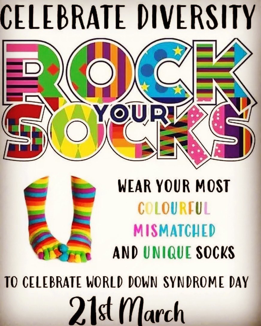 Tomorrow, 3/21, is World Down Syndrome Day. Don’t forget to rock your brightly colored, mismatched socks in support &amp; awareness of individuals with Down syndrome.

#RockYourSocks #WorldDownSyndromeDay