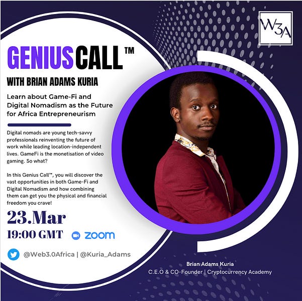 Crypto_Academy_'s tweet photo. 🚨Attention Africa!🚨

📣 Join us for the Genius Call event hosted by @Web30AfricA on March 23, 2023, via Zoom!

Our CEO @Kuria_Adams will be the guest speaker; don't miss it!

More Info here 🤩 : https://t.co/lR9TpiQoo3

 #GeniusCall #Web3Africa #Gamefi #DigitalNomadism #CCA https://t.co/qgqtzkWlo7