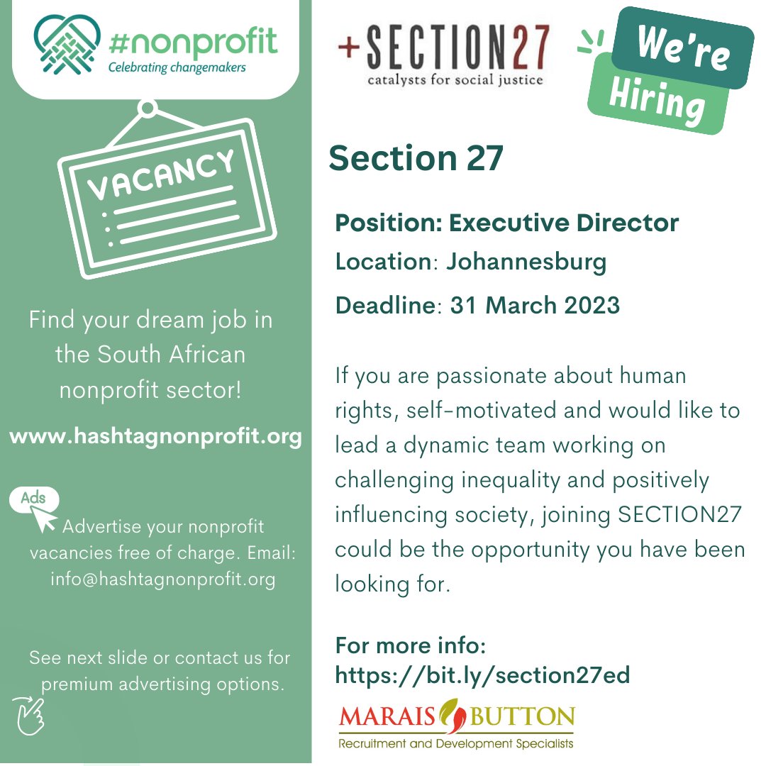 #VACANCY ALERT
Section 27 is looking for a new
Executive Director

Location: Johannesburg
Deadline: 31 March

hashtagnonprofit.org/vacancies/sect… #JobSeekersSA <a href="/SECTION27news/">SECTION27</a> #CareerOpportunities #NGOs