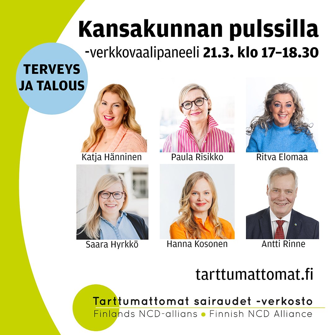 Puuttuuko tekeminen huomisillalle? Tule #kansakunnanpulssilla-vaalipaneeliin kuuntelemaan ja osallistumaan, kun <a href="/kmhanninen/">Katja Hänninen</a> <a href="/paularisikko/">Paula Risikko</a> <a href="/SaaraHyrkko/">Saara Hyrkkö</a> <a href="/KosonenHanna/">Hanna Kosonen</a> <a href="/anttirinneexpj/">Antti Rinne</a> ja Ritva Elomaa keskustelevat terveydestä ja taloudesta. #vaalit2023 #tarttumattomat #vaalit
