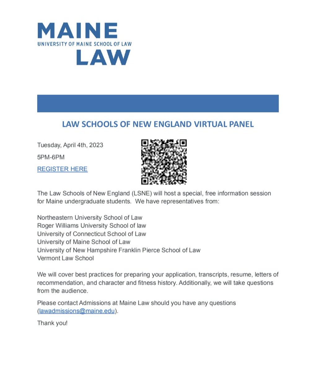 The Law Schools of New England (LSNE) will host a special, free, virtual information session for Maine undergraduate students on Tuesday, April 4th at 5PM. More info below.