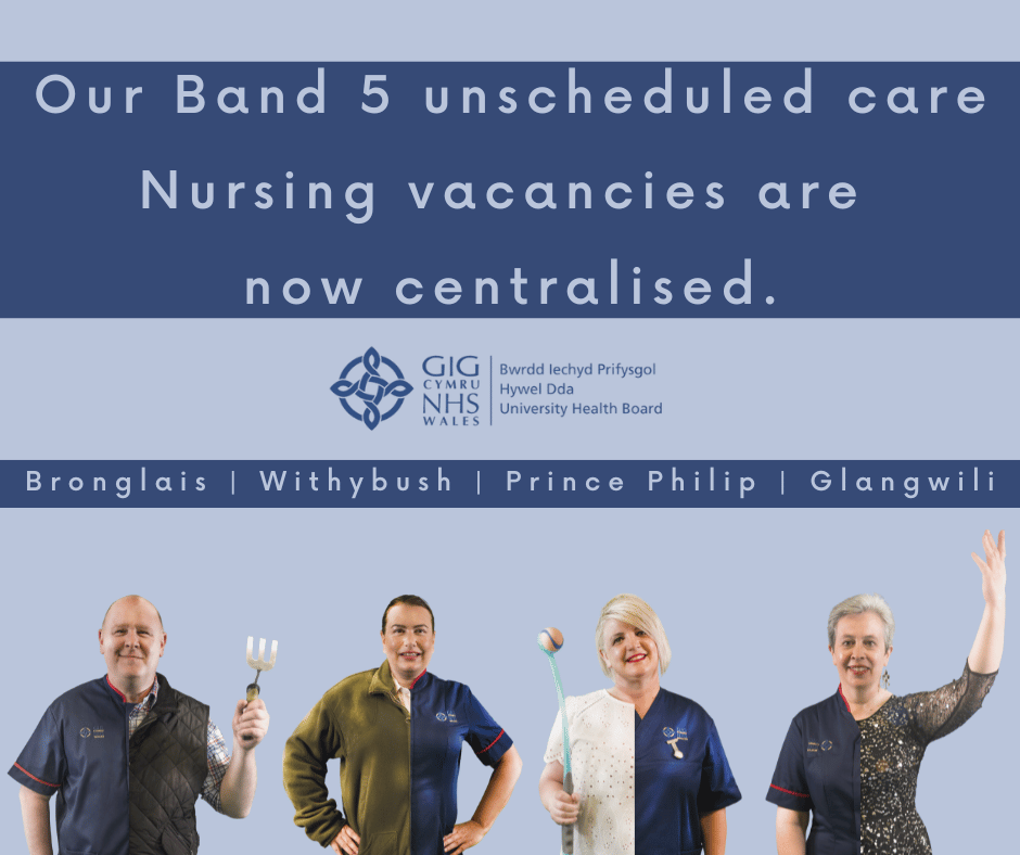 ** Band 5 Nursing Vacancies ** 

Our Band 5 unscheduled nursing vacancies are now centralised. 

If you're a Band 5 registered nurse specialising in Unscheduled Care, and looking to work at <a href="/HywelDdaHB/">Hywel Dda UHB</a> , you can apply by using one link! 

You can apply by following these links…