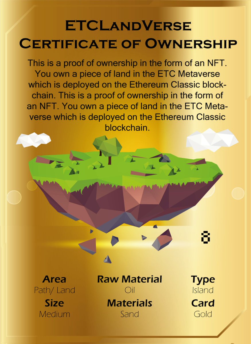 You can own a piece of land on the #EthereumClassic blockchain. Three categories can be distinguished. These are bronze, silver and gold. 🌏🌎

Get your pass to the metaverse etclandverse.com
