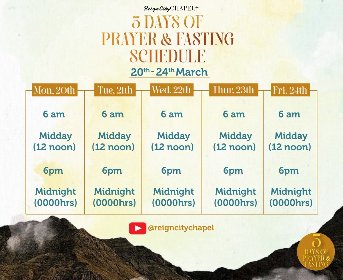 reigncitychapel's tweet photo. Schedule for the 5 days of prayer on our youtube channel @ https://t.co/AFnvjRBNqU
Come lets pray together!
#dominate
#yearofpresence
#5daysofprayer https://t.co/B8sKsknjgp