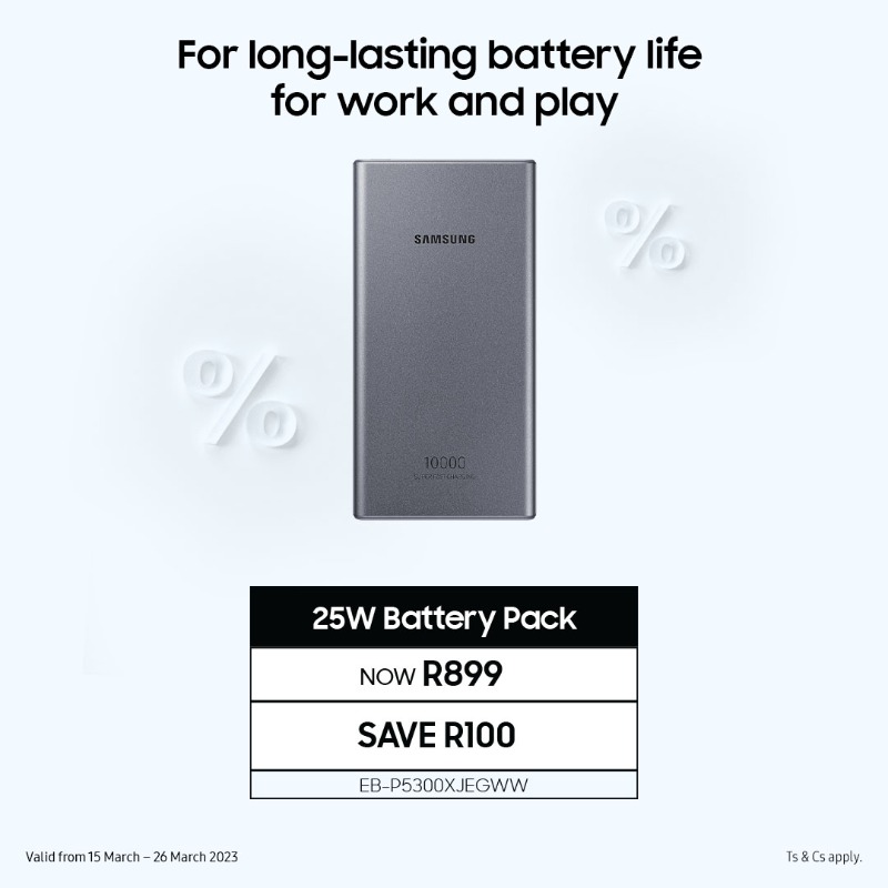 SamsungMobileSA's tweet photo. Samsung #GalaxyWeek is bringing the power so your phone can stay charged up with the 25W #BatteryPack. 🔋 🔋 🔋 Get this deal online!
Ts & Cs apply. Free delivery included and payment terms available.