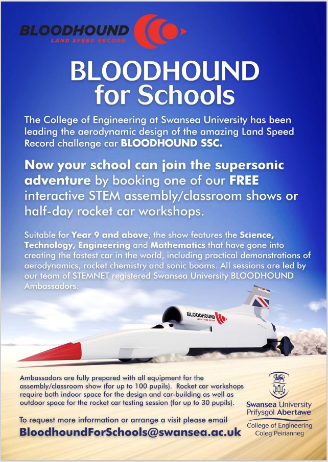 DrBenEvans's tweet photo. Our brilliant team of @BLOODHOUND_Edu ambassadors are back out and about visiting schools across Wales and beyond this year... if you'd like them to come and visit your school please get in touch! #STEM https://t.co/53qjNZ0UhA