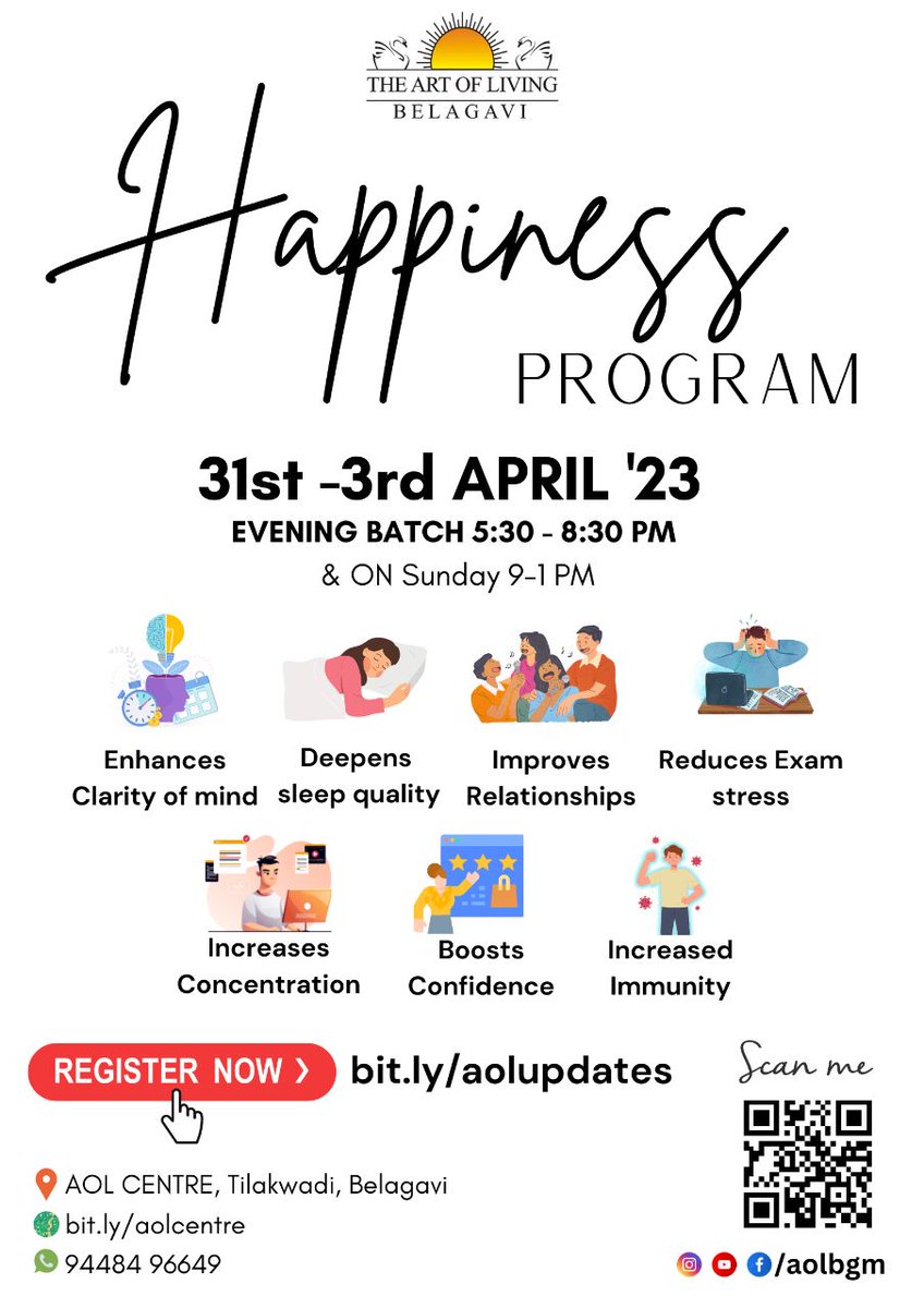 aol_bgm's tweet photo. This #InternationalDayofHappiness embrace the keys to a happy life &amp; make life a celebration by joining inn #HAPPINESS_PROGRAM from 
 🗓 #31stMar - #3rdApr at our very own AOL Center, Belagavi.
For registrations,  https://t.co/NTbNPoa332 /DM us ! 
#MondayMotivation
@ArtofLiving https://t.co/Br1UB5dXSQ