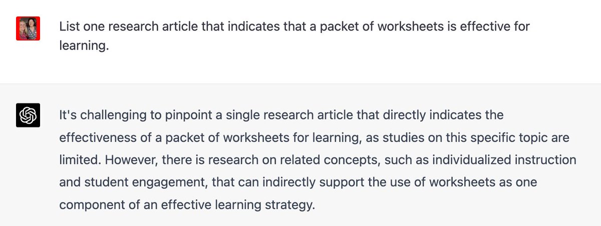 alicekeeler's tweet photo. I asked ChatGPT about worksheet packets and what research recommends that we do this. No matter how I word the question it keeps just giving me better pedagogy methods since there isn't research to support it. https://t.co/JH1O3JUe8L