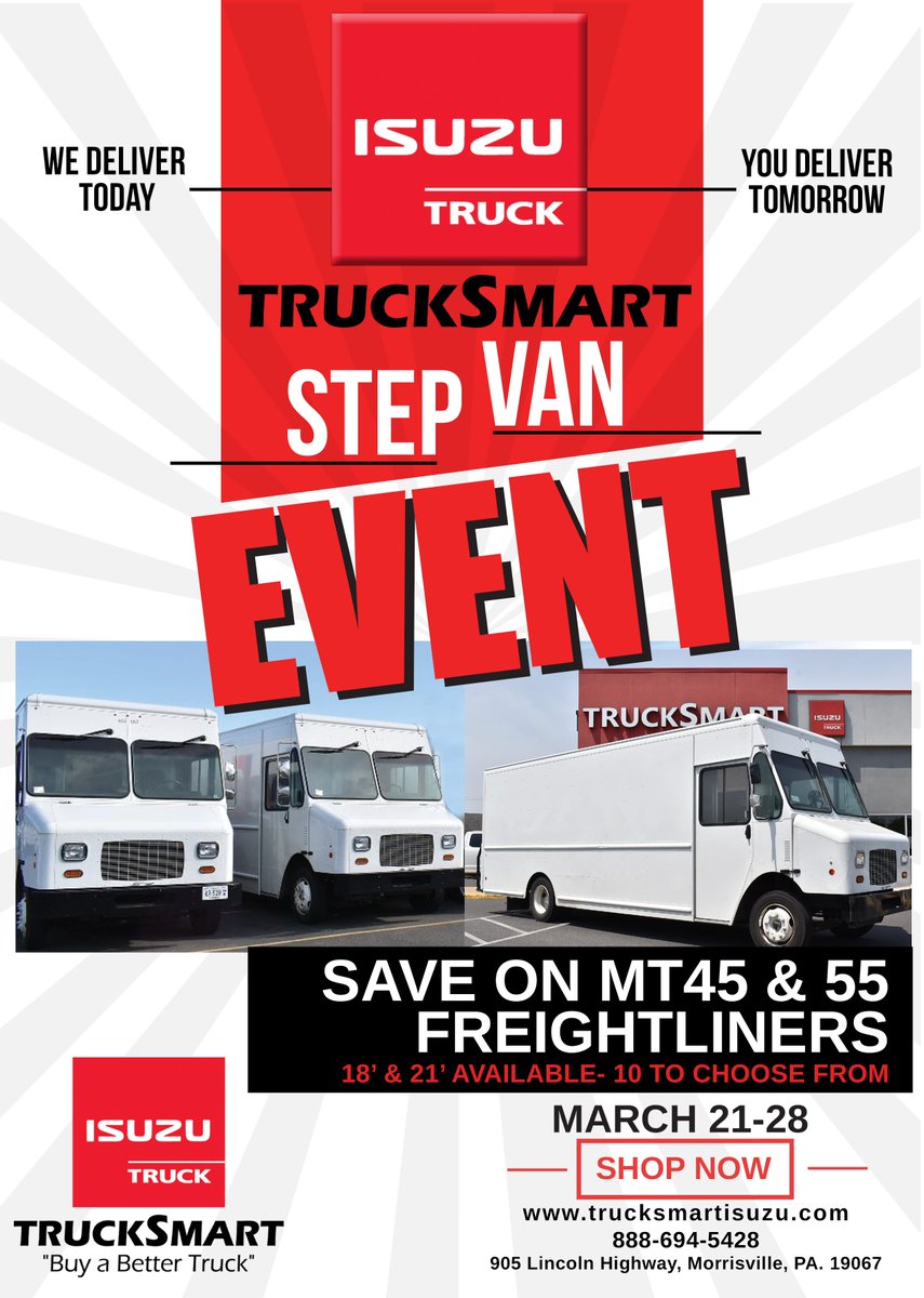 trucksmart's tweet photo. Take advantage of our Step Van Event going on now!
March 21st- 28th
Visit us at https://t.co/HldujPjEqX

#TruckSmartIsuzu #TruckSmart #StepVanEvent #Inventory #Event https://t.co/twbbiaz0Mr