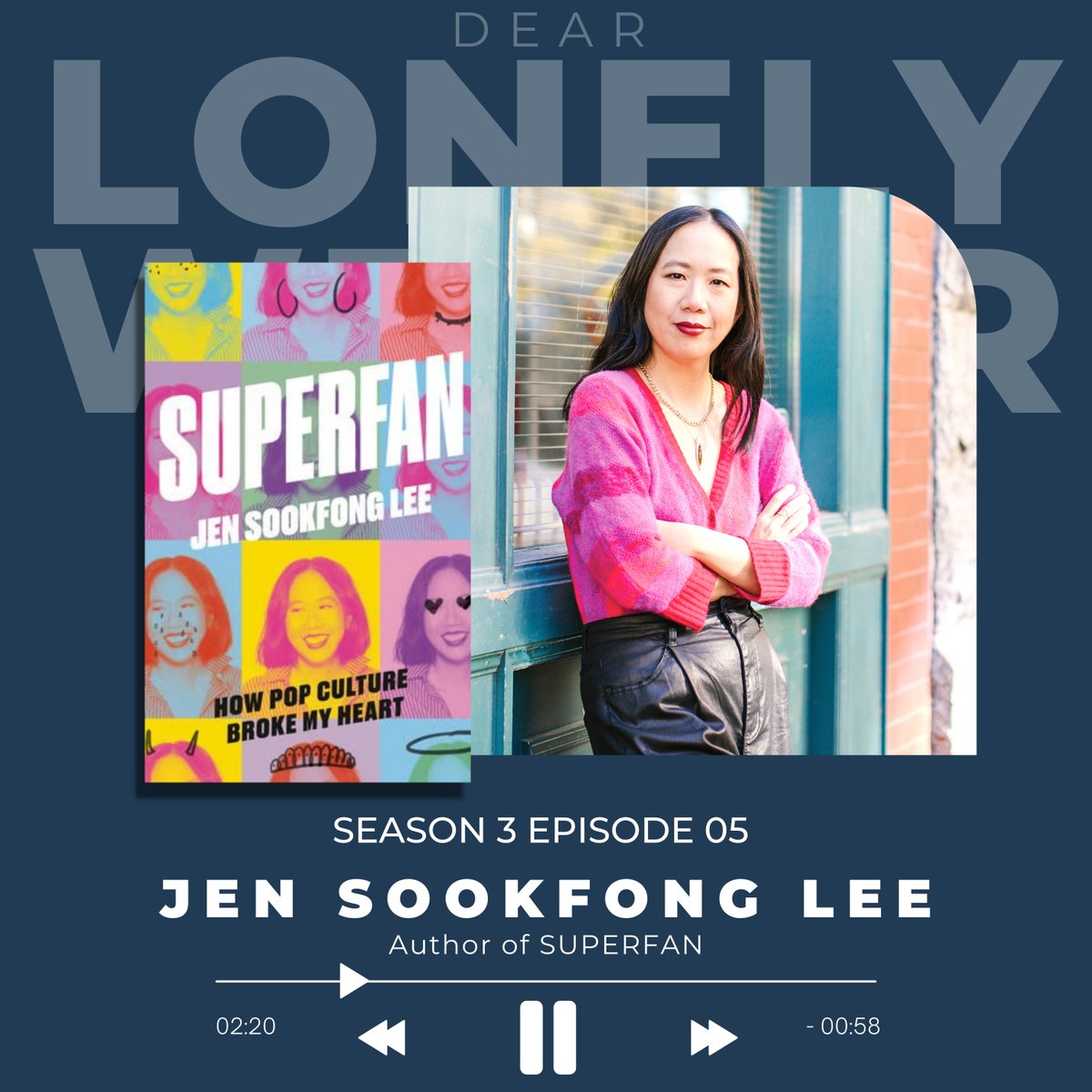 LonelyWriterPod's tweet photo. On today’s episode of DEAR LONELY WRITER our host, Eden Boudreau talks with award winning author @JenSookfongLee about her latest memoir SUPERFAN: HOW POP CULTURE BROKE MY HEART!

Listen wherever you find your favourite podcasts! https://t.co/0DAaj3nkMv